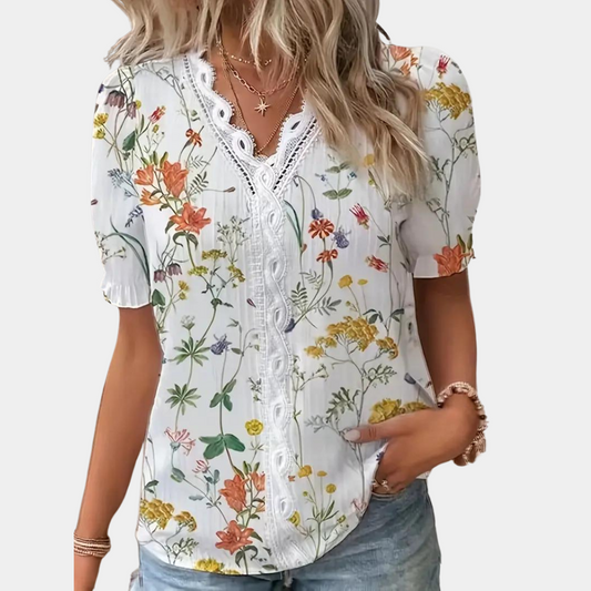 Blomstret damebluse med blondekant - Ariel